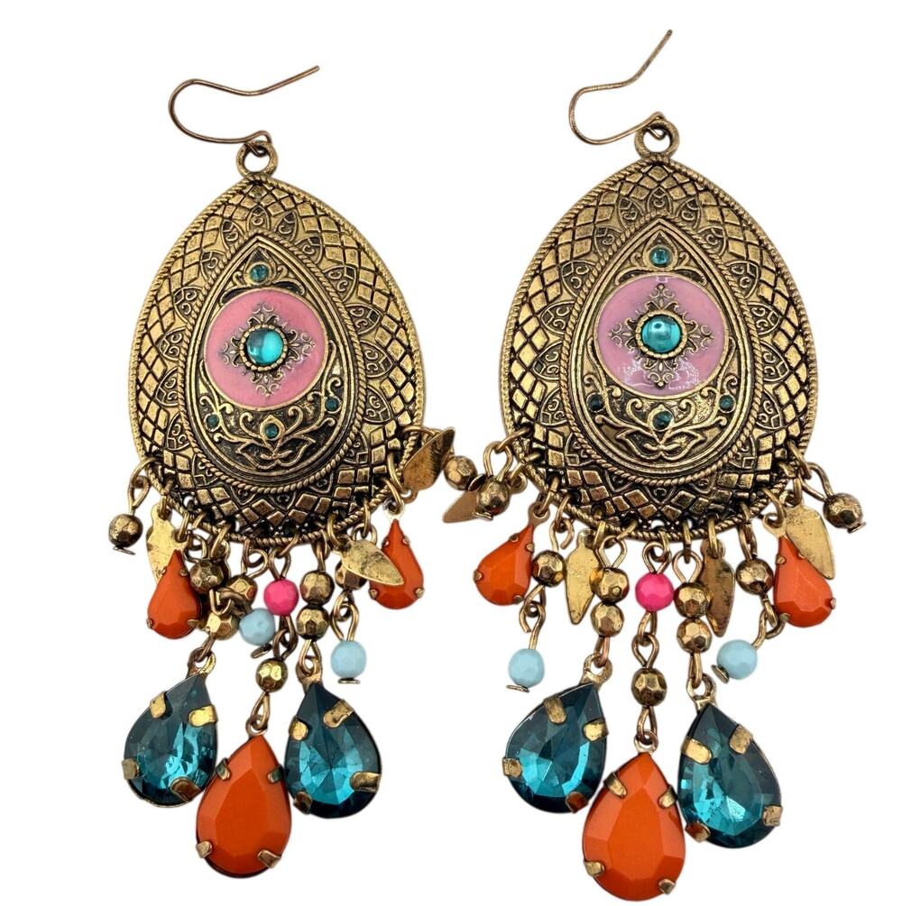 Boho Glass Rhinestone Multicolor Teardrop Dangle Drop Gold Tone 4" Earrings